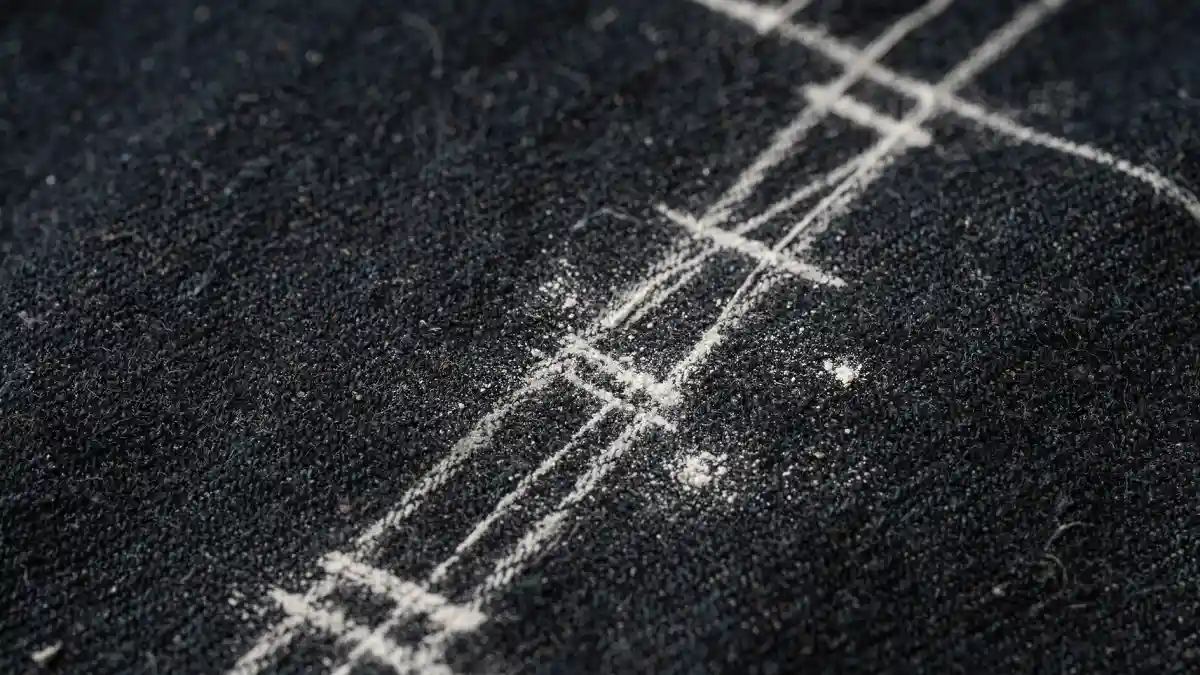 סימוני מדידה בגיר חייטים על בד ג׳ינס כהה
